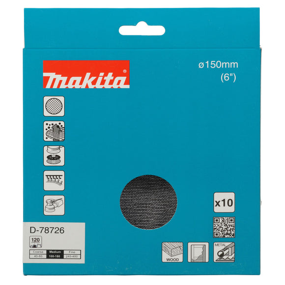 Pacchetti da 10 abrasivi con supporto a rete Ø150mm Makita