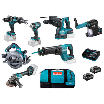 Set DF001 + TW004 + GA005 + HS003 + HR002 + DX14 + JR001 + 2x BL4040 40V 4Ah + 1x DC40RA Makita DK0154G602