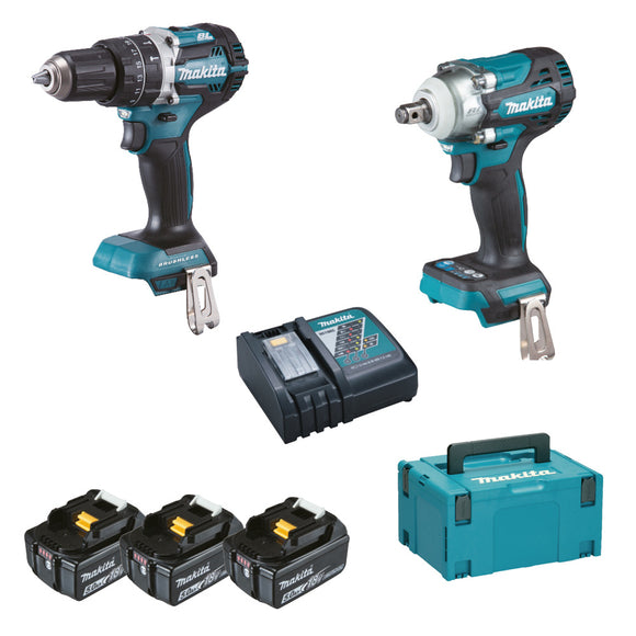 Set avvitatori 18V DHP484 + DTW300 + E-16564 + 3x BL1850 18V 5Ah + 1x DC18RC Makita DLX2359TJ1