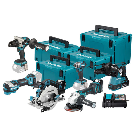 Set DHP492 + DTD173 + DHR243 + DGA513 + DHS680 + DTM52 + 3x BL1850 18V 5Ah + 1x DC18RC Makita DLX6145JX1