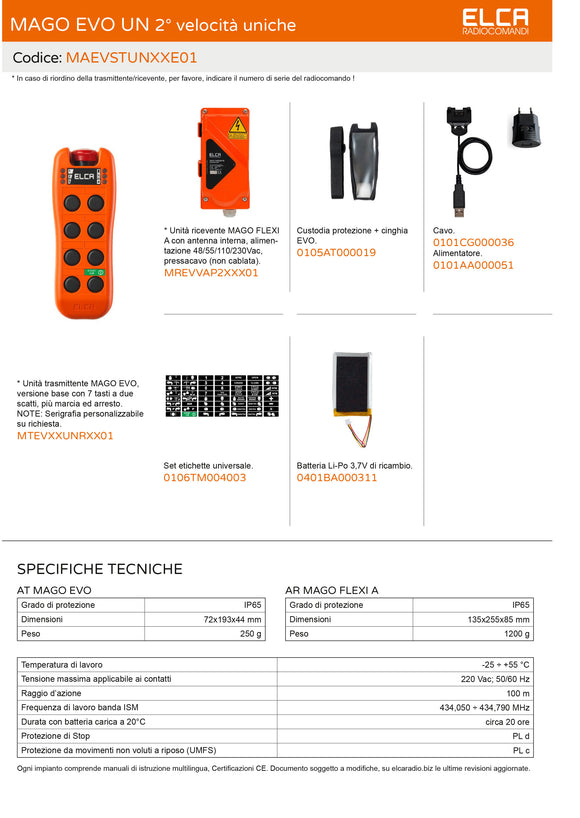 Radiocomando ELCA MAGO EVO seconde velocità uniche